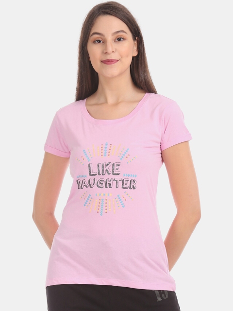 Cherokee Women Pink & Black Printed Round Neck T-shirt