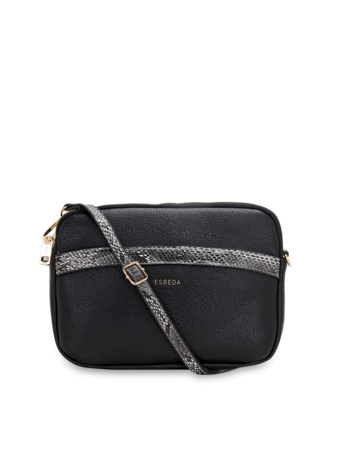 ESBEDA Black & Silver-Toned Animal Textured Sling Bag