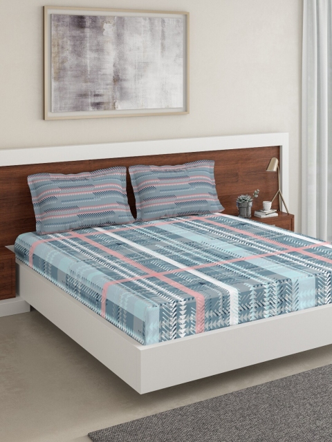DDecor Blue Striped 144 TC Cotton 1 King Bedsheet with 2 Pillow Covers