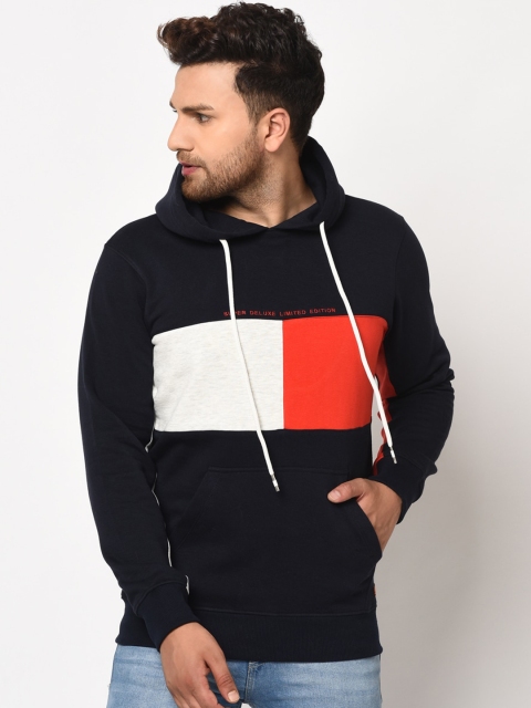 98 Degree North Men Navy Blue Colourblocked Hooded Sweatshirt