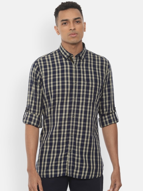 Van Heusen Sport Men Navy Blue & Cream-Coloured Slim Fit Checked Casual Shirt
