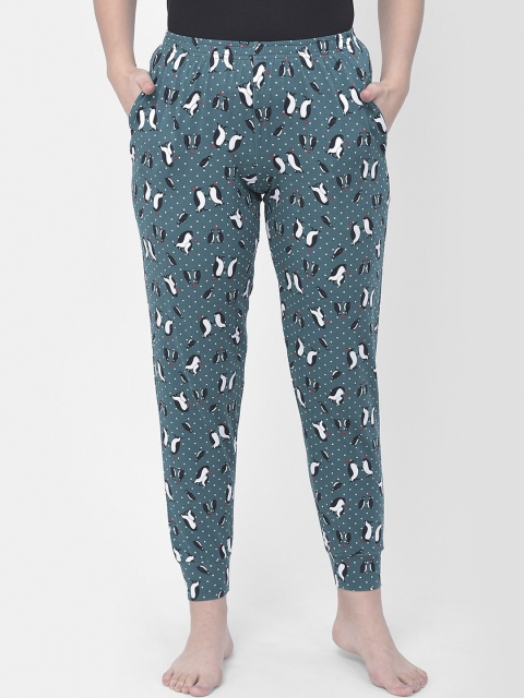 Clovia Women Green & White Printed Mid-Rise Lounge Pants