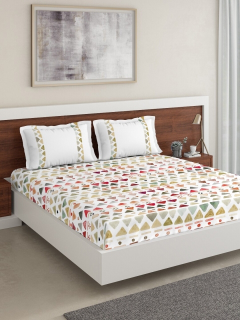 DDecor Red & White Geometric 144 TC Cotton 1 King Bedsheet with 2 Pillow Covers
