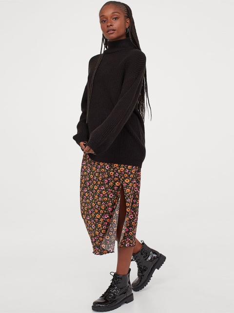 H&M Women Black & Orange Mesh Slit-Front Skirt