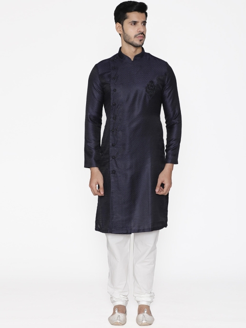 Manyavar Men Blue & Off-White Solid Kurta with Pyjamas