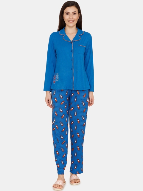 Zivame Women Blue Solid Night suit