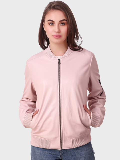 echt Women Pink Solid Slim Fit Leather Jacket