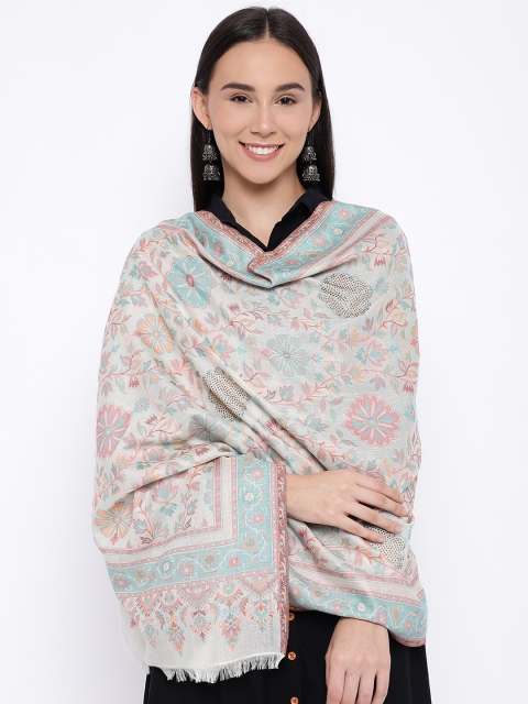 Pashmoda Women Off-White & Green Woven Design Stole