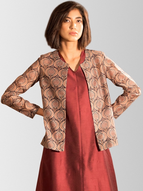 FableStreet Women Brown Printed Lightweight Open Front Jacket