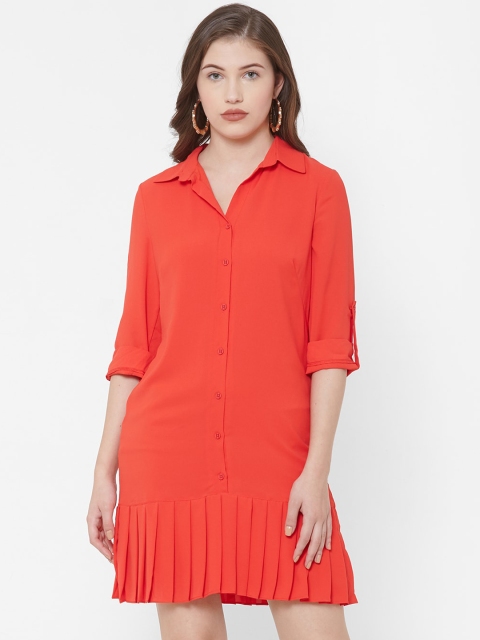 bebe Women Coral Orange Solid Shirt Dress