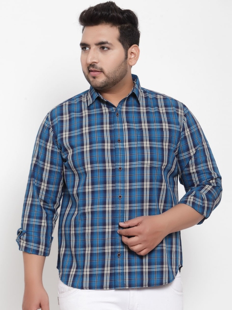 plusS Men Blue & White Regular Fit Checked Casual Shirt