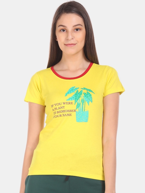 Sugr Women Yellow Printed Round Neck T-shirt
