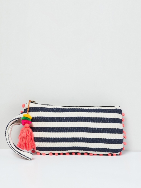 MAX Off-White Striped Pouch with Bobble Trim