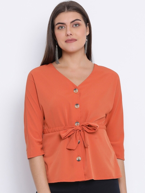 Oxolloxo Women Orange Solid Cinched Waist Top