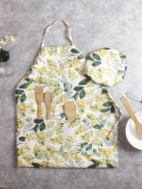 HOUZZCODE Unisex Yellow & Green Leaf Printed Apron With Cap