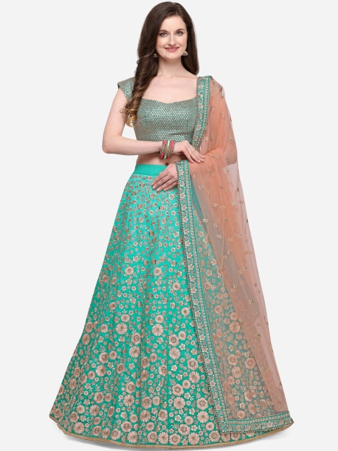 NAKKASHI Sea Green & Peach-Coloured Embroidered Semi-Stitched Lehenga & Unstitched Blouse with Dupatta
NAKKASHI Sea Green & Peach-Coloured Embroidered Semi-Stitched Lehenga & Unstitched Blouse with Dupatta
