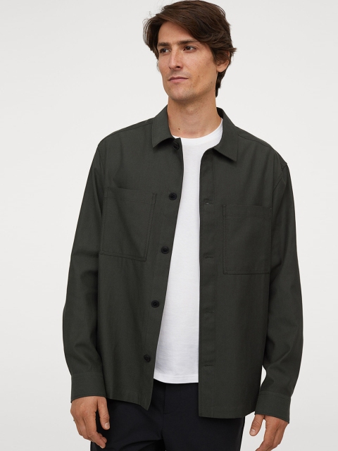 H&M Men Olive Green Solid Sustainable Shacket Regular Fit