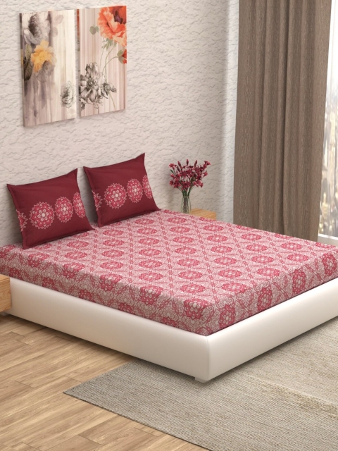 CORE Designed by SPACES Maroon Floral 104 TC Cotton 1 Queen Bedsheet with 2 Pillow Covers