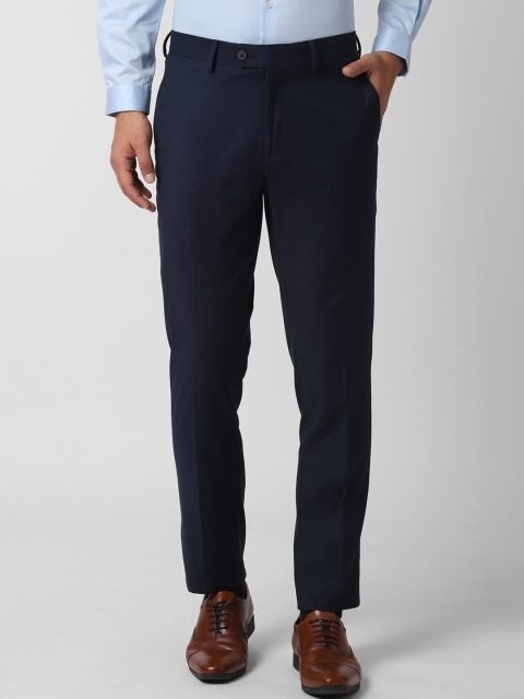 Peter England Elite Men Navy Blue Slim Fit Solid Formal Trousers