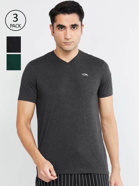 max Men Green Solid Set of 3 V-Neck T-shirt