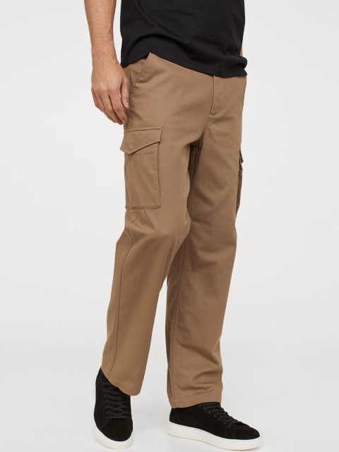 H&M Men Beige Solid Cotton Cargo Trousers