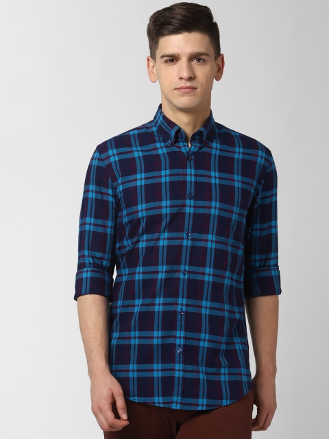 Peter England Elite Men Navy Blue Slim Fit Checked Casual Shirt
