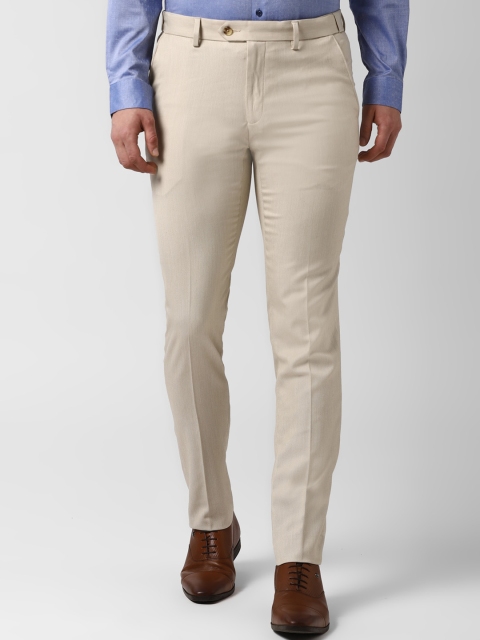 Peter England Men Beige Slim Fit Solid Formal Trousers