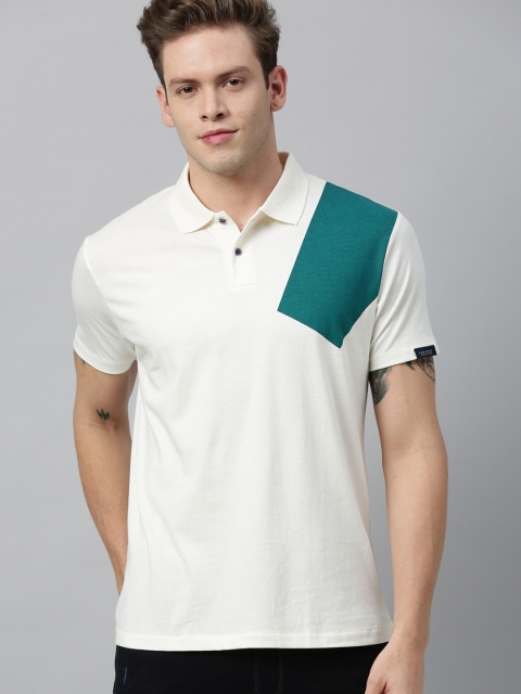 RARE RABBIT Men Off-White & Green Colourblocked Polo Collar T-shirt