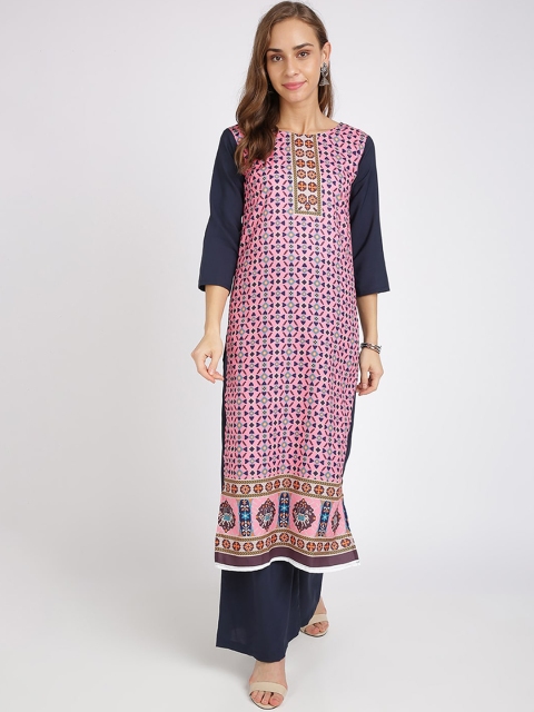 Florence Women Pink & Navy Blue Printed Straight Kurta