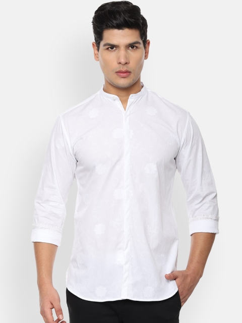 V Dot Men White Tailored Fit Self Design Casual Shirt