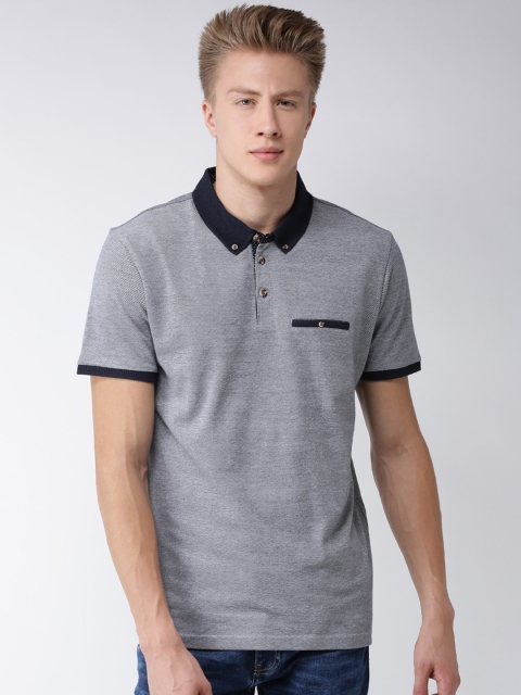 Celio Men Grey & Navy Blue Solid Polo Collar T-shirt