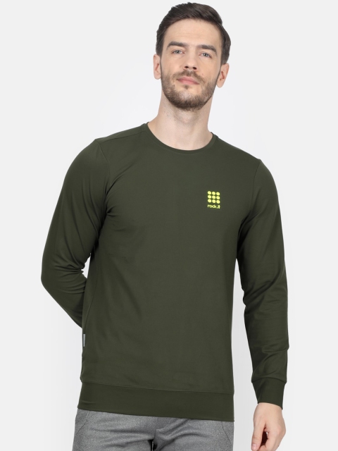 rock.it Men Olive Green Solid Round Neck T-shirt