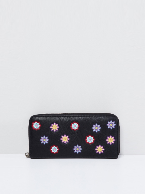 max Women Black Self Design Zip Around Wallet