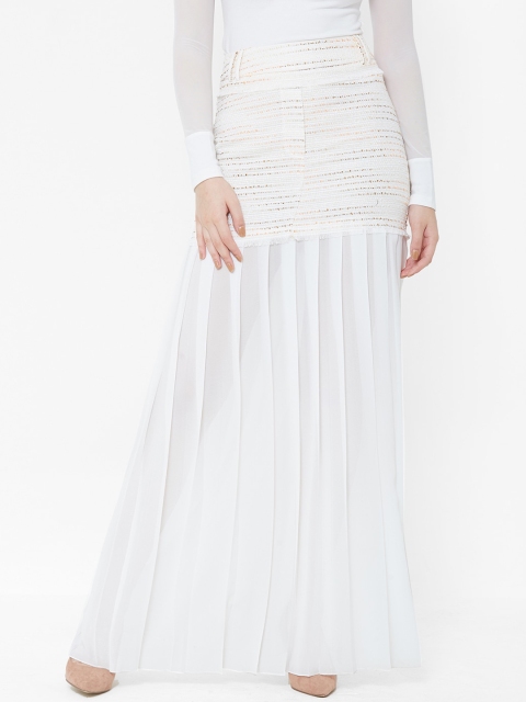 bebe Women White Solid Pleated Maxi Skirt