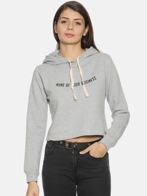 Campus Sutra Women Grey Printed Hooded Sweatshirt