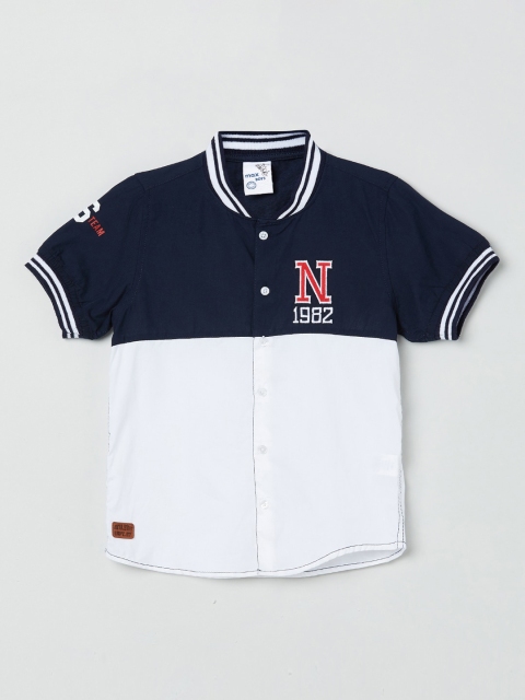 max Boys White & Navy Blue Regular Fit Colourblocked Casual Shirt