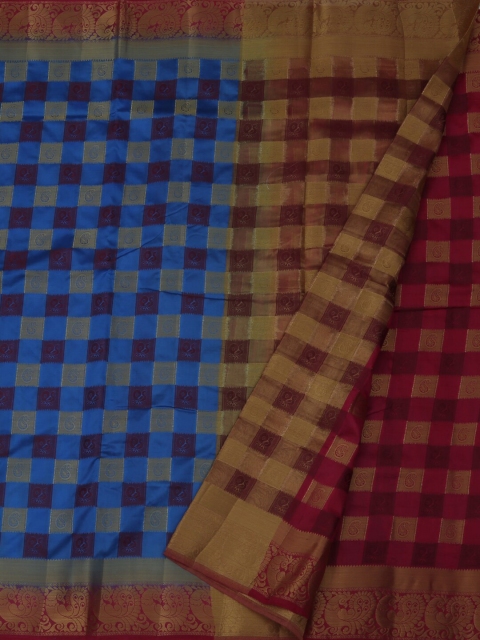Pothys Blue & Maroon Jute Silk Checked Saree