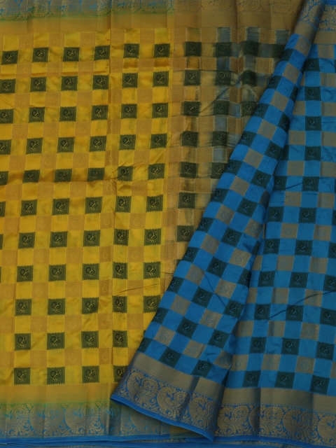 Pothys Yellow & Blue Jute Silk Checked Saree