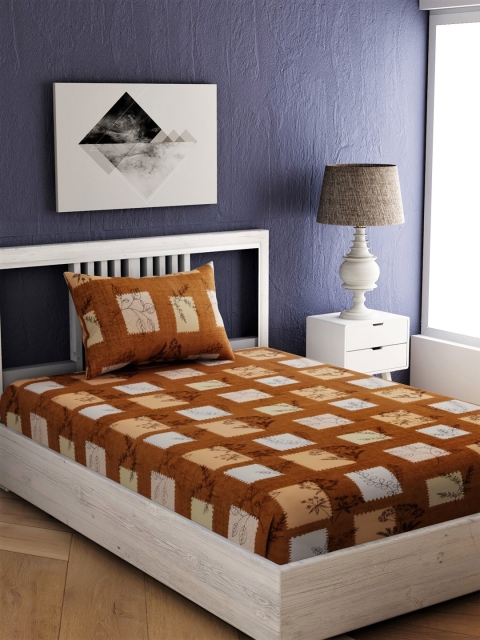 EverHOME Brown Floral 144 TC Cotton 1 Single Bedsheet with 1 Pillow Cover