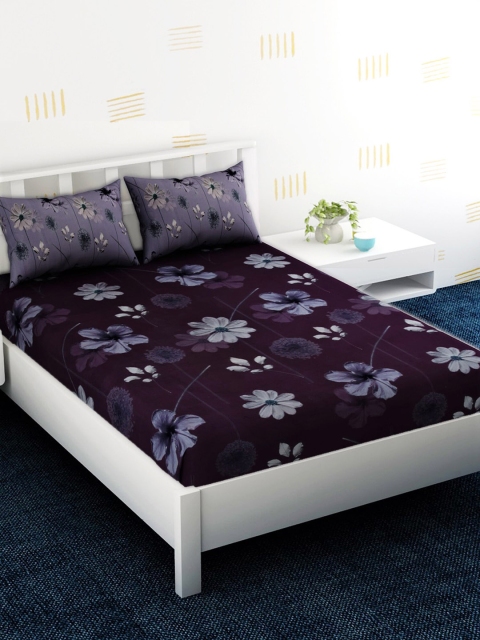 EverHOME Purple Floral 180 TC Cotton 1 King Bedsheet with 2 Pillow Covers