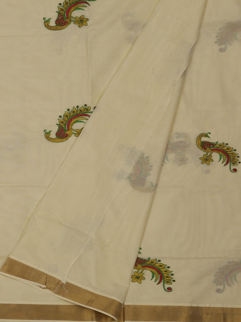 Pothys Cream & Red Pure Cotton Embroidered Saree