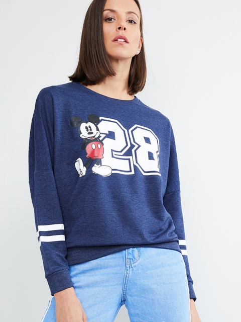 max Women Blue Mickey Mouse Printed Sweatshirt