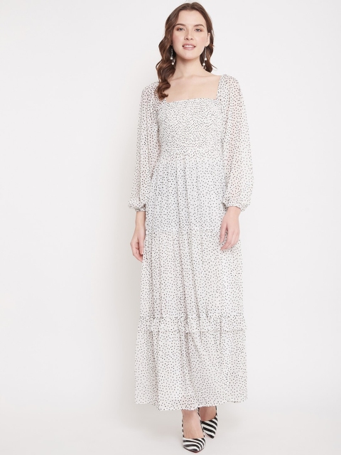 Femella Women White Polka Dots Printed Maxi Dress