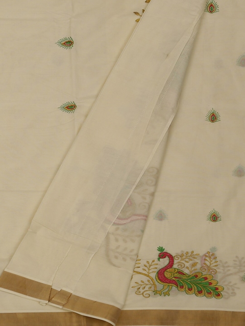 Pothys Cream-Coloured Embroidered Pure Cotton Saree