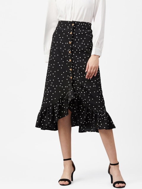 Femella Black Polka Ruffle Detail Midi Skirt
