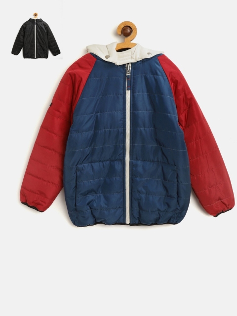 Cherry Crumble Unisex Kids Blue & Black Colourblocked Reversible Padded Jacket