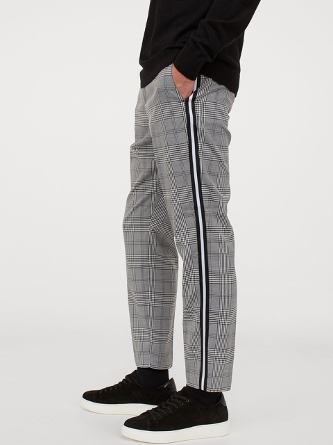 H&M Men Grey & Black Checked Trousers Slim Fit
