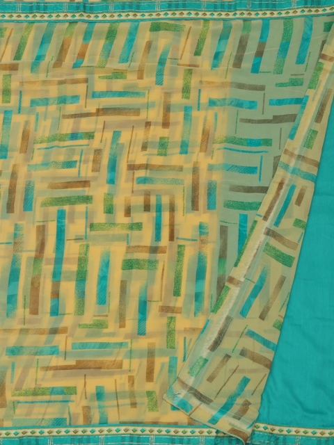 Pothys Cream-Coloured & Blue Poly Georgette Printed Saree