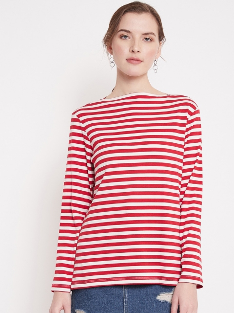 Femella Women Red & White Striped Boat Neck T-shirt
