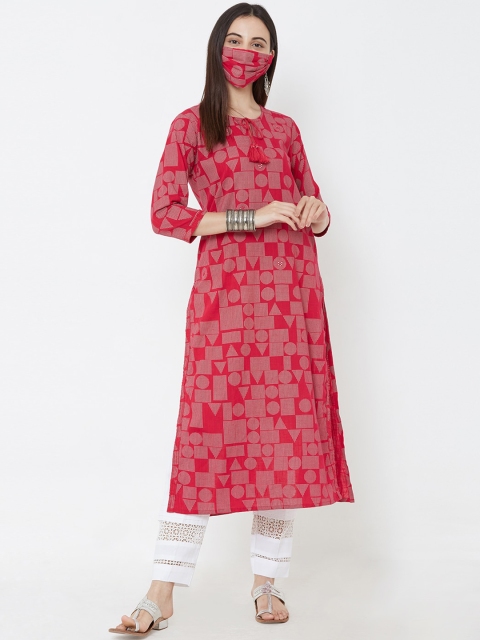 FASHOR Women Pink Grey Printed Straight Kurta